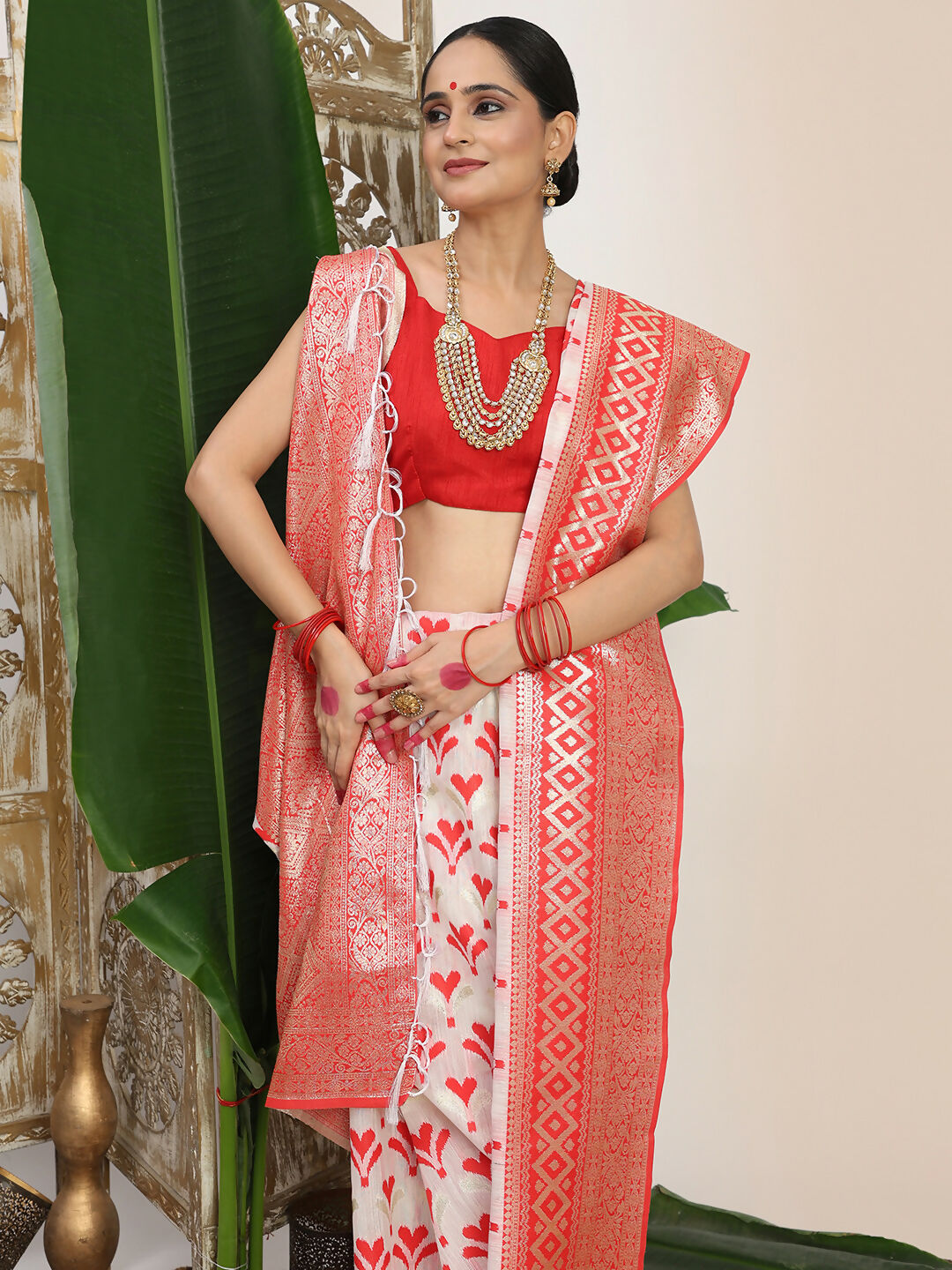 Red and White Linen Cotton Saree with Matching Blouse