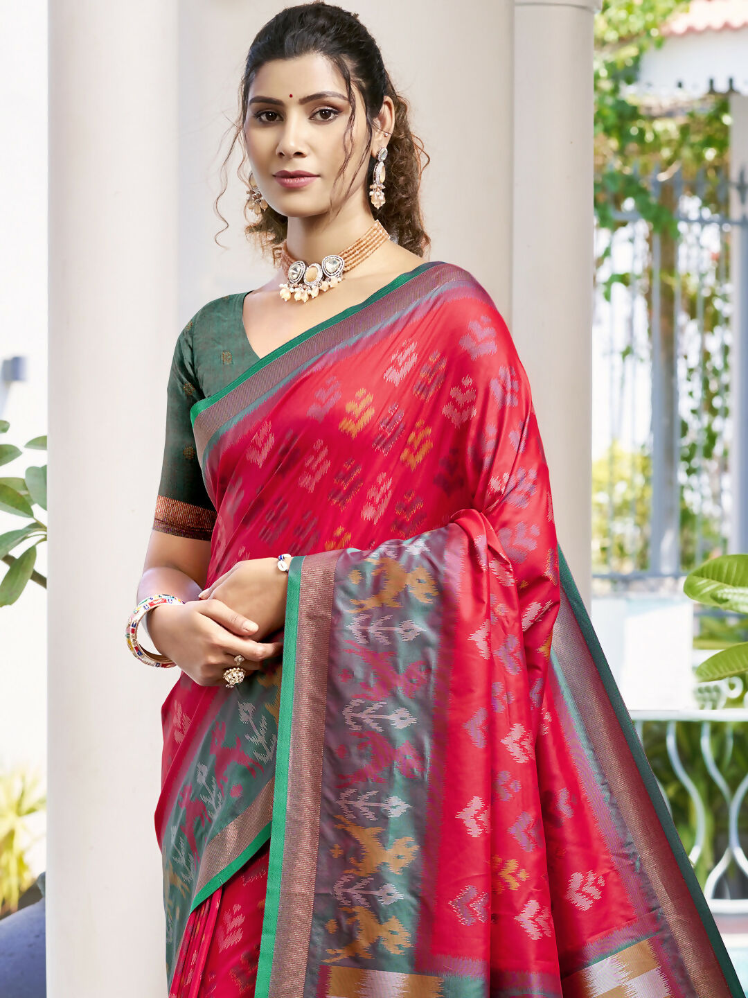 Red Pochampalli Silk Saree with Rama Blouse