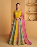 Yellow stitched faux georgette gown with heavy embroidery and sequins.