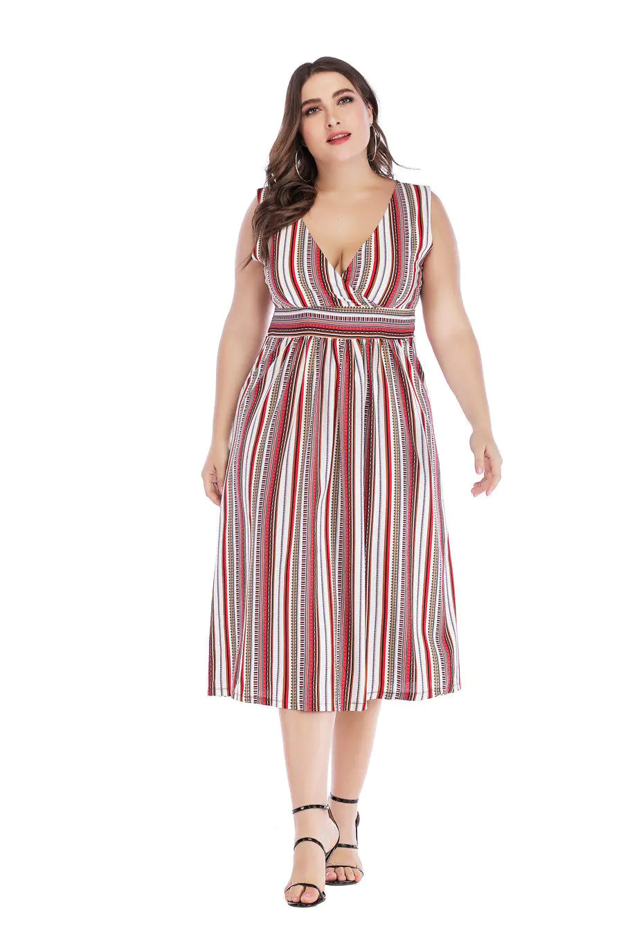 Women's V-Neck Sleeveless Striped Midi Dress - Image 2