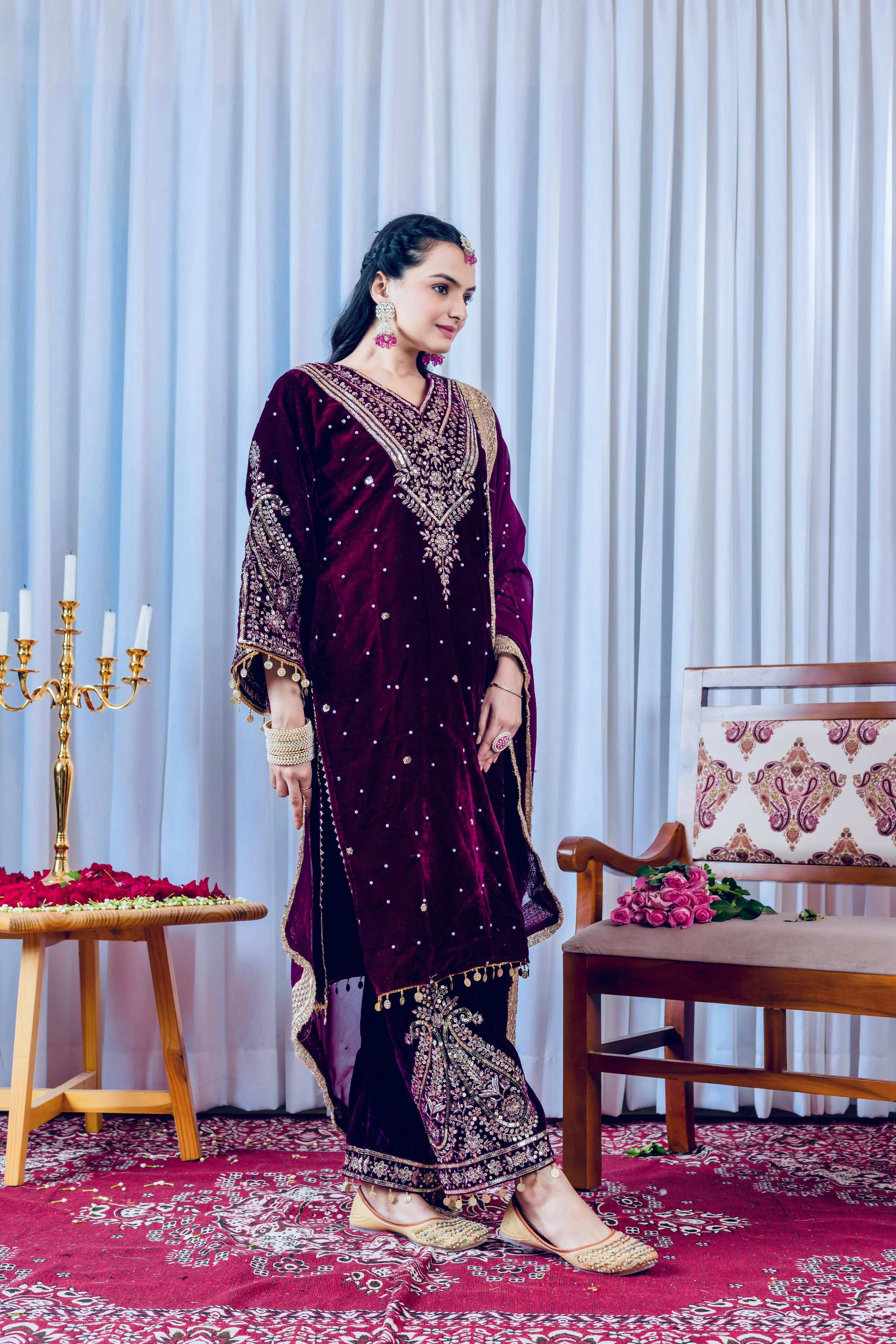 Deep Plum Velvet Kurta Set with Intricate Embroidery