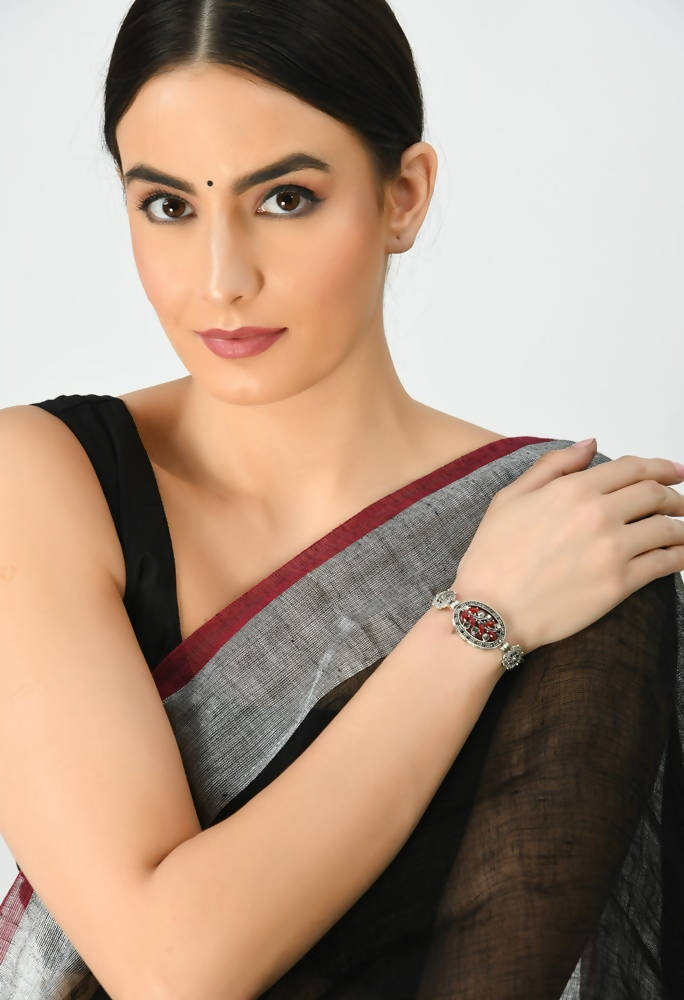 Handcrafted Oxidised Silver Ethnic Bracelet with Red & Black Accents