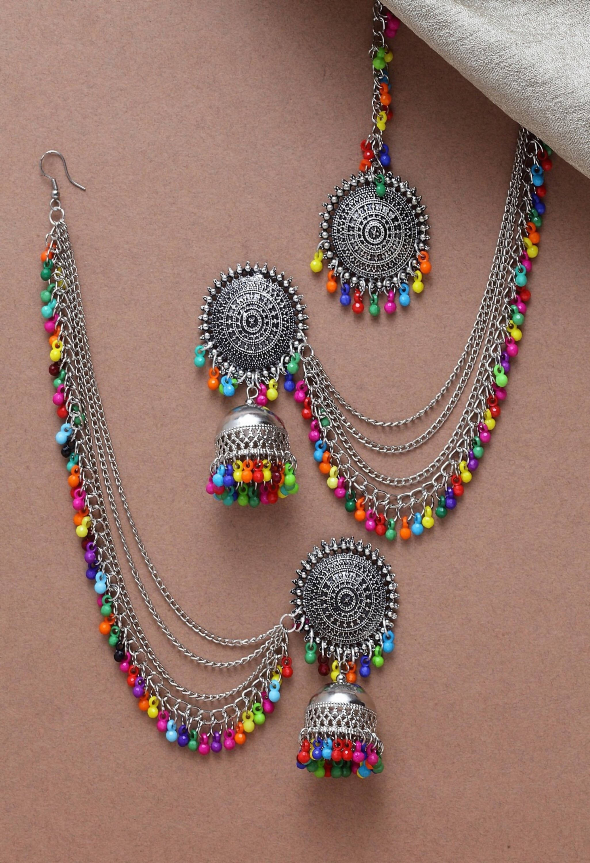 Bahubali style multi-bead earrings with matching maang tikka