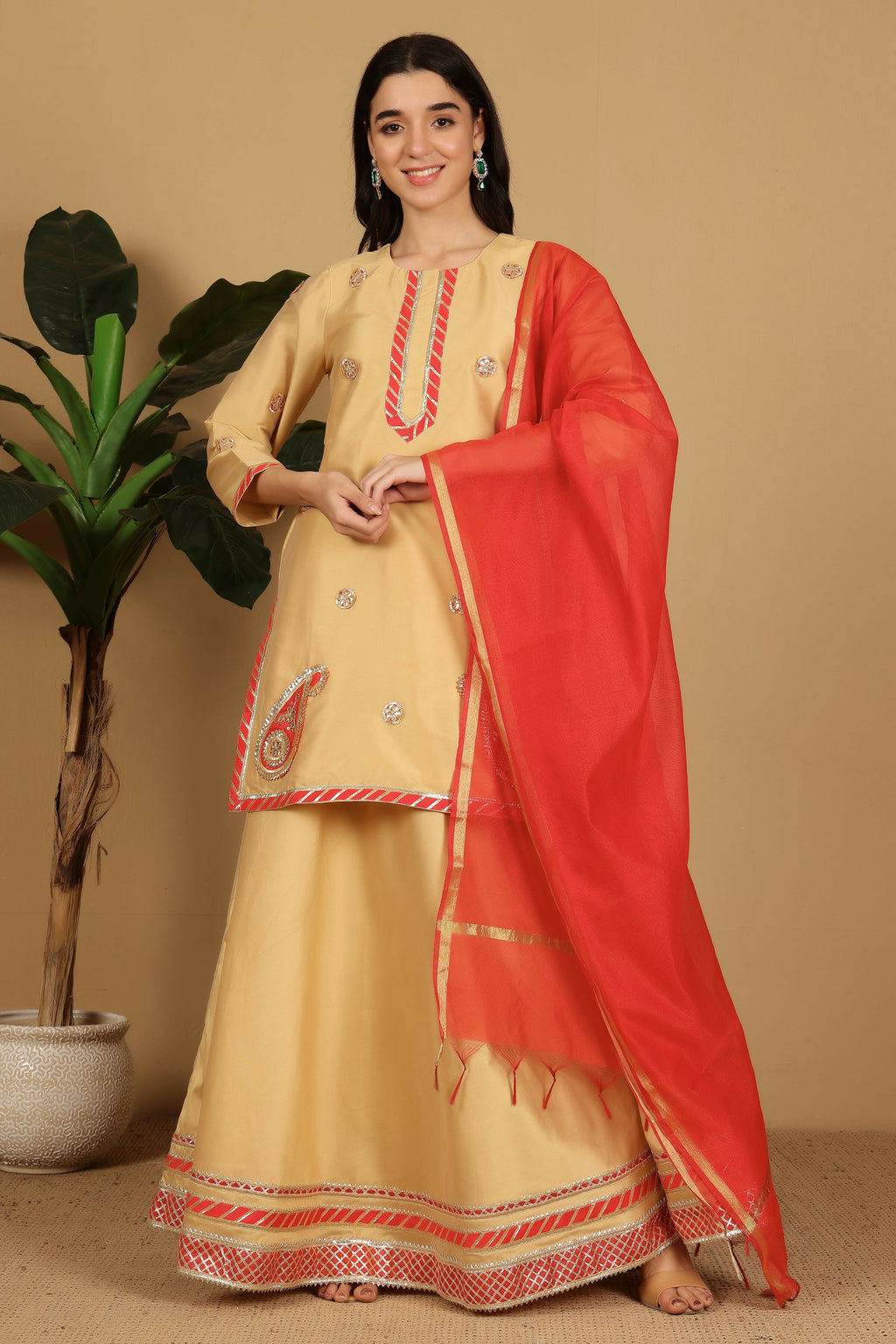 Beige taffeta lehenga set with elegant structure