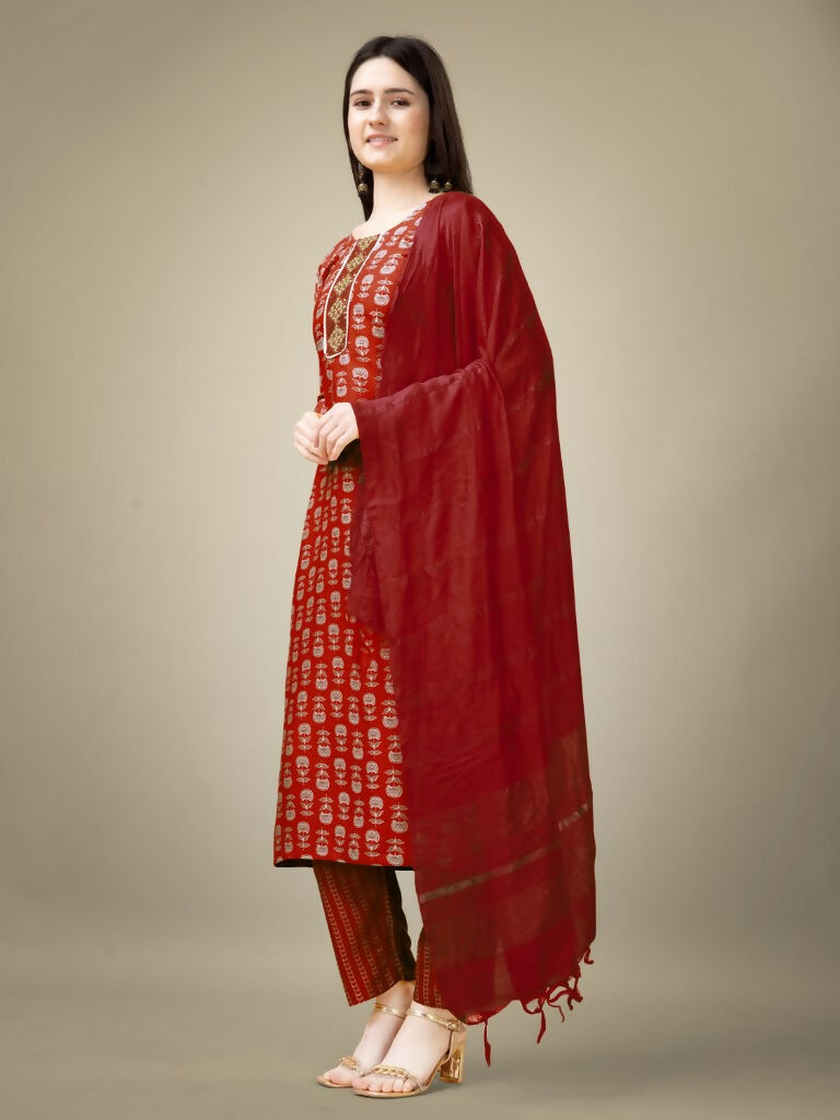 Women's Maroon Rayon Embroidered Straight Kurta with Trouser & Dupatta