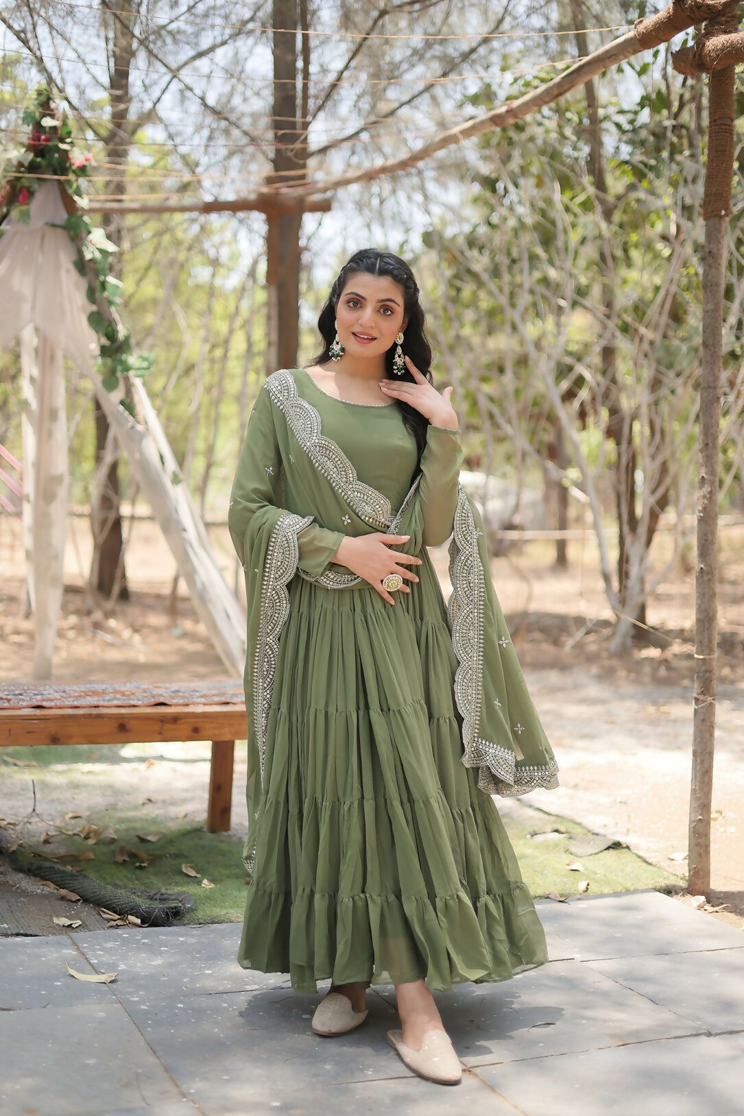 Mehandi Green Georgette Kurta Set with Silver Sequence Embroidery