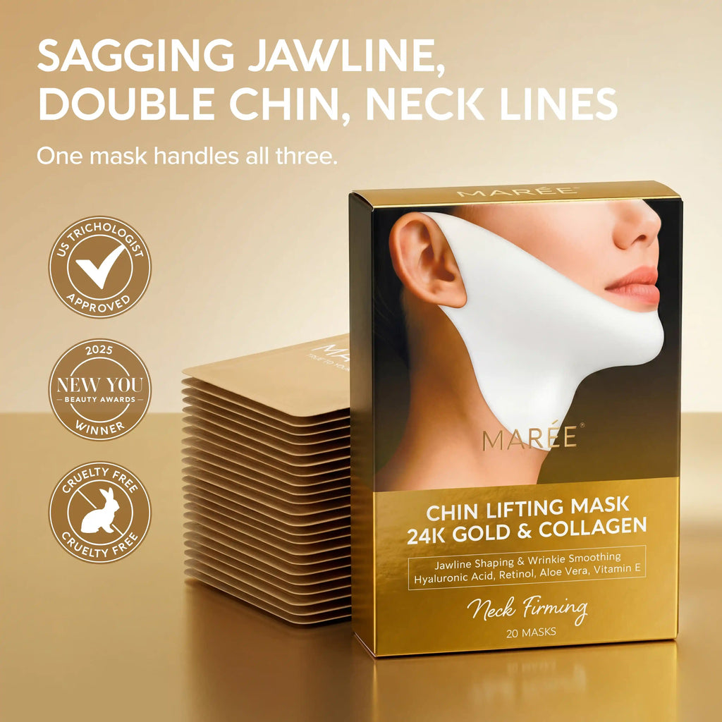 Maree 24K Gold V-Line Lifting Mask box with 20 individual packets and clinical ingredient icons showing Gold, Retinol, Caffeine, and Collagen.