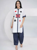 Joban Fashion White Rayon Crepe Applique Embroidered Shirt with Afghani Pants