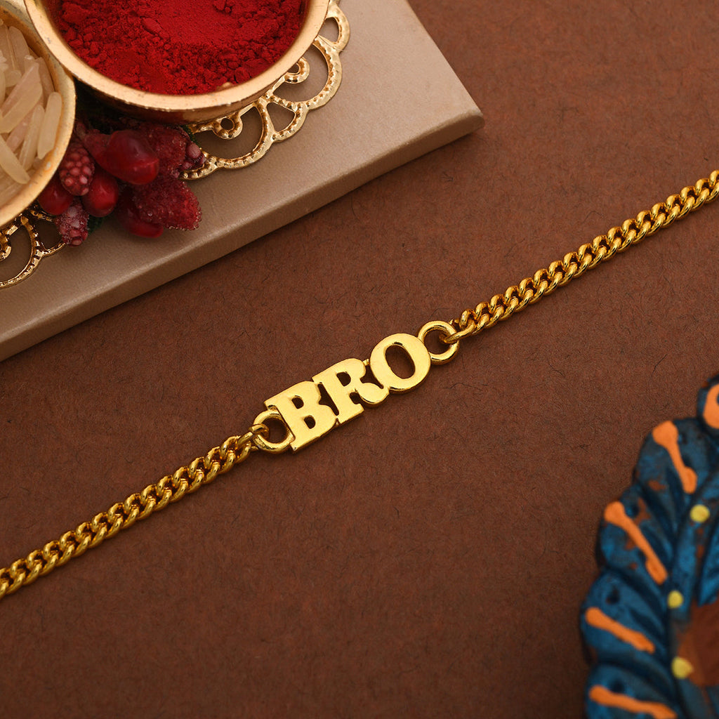 A stylish gold tone BRO rakhi designed as a sophisticated bracelet for men