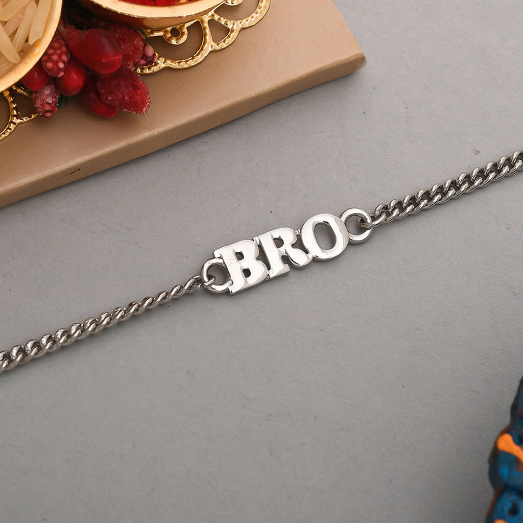 Silver tone BRO bracelet rakhi designed for men, worn as a stylish wrist accessory