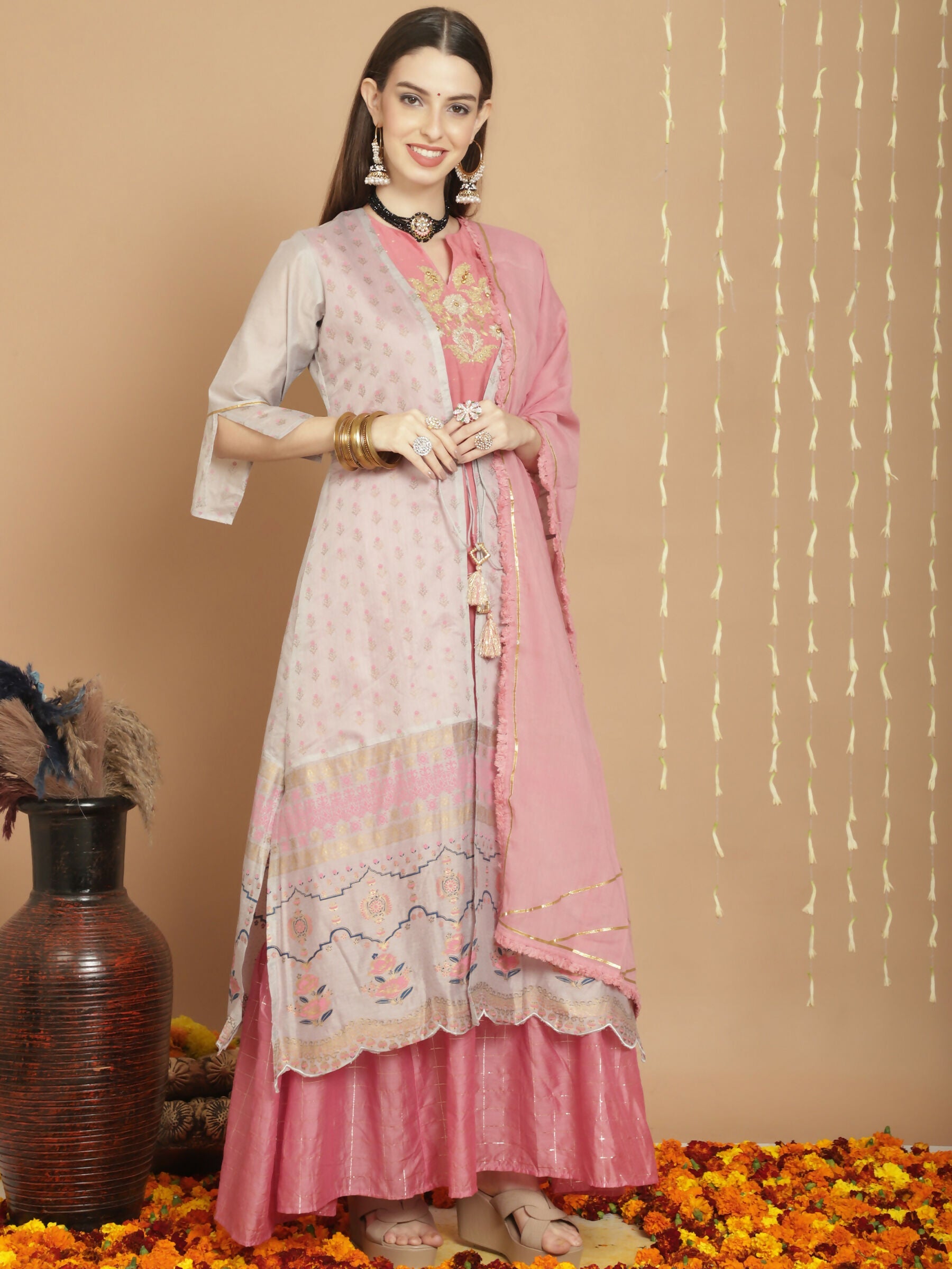 Women's Grey Chanderi Silk A-Line Kurta Set with Jardoshi Work