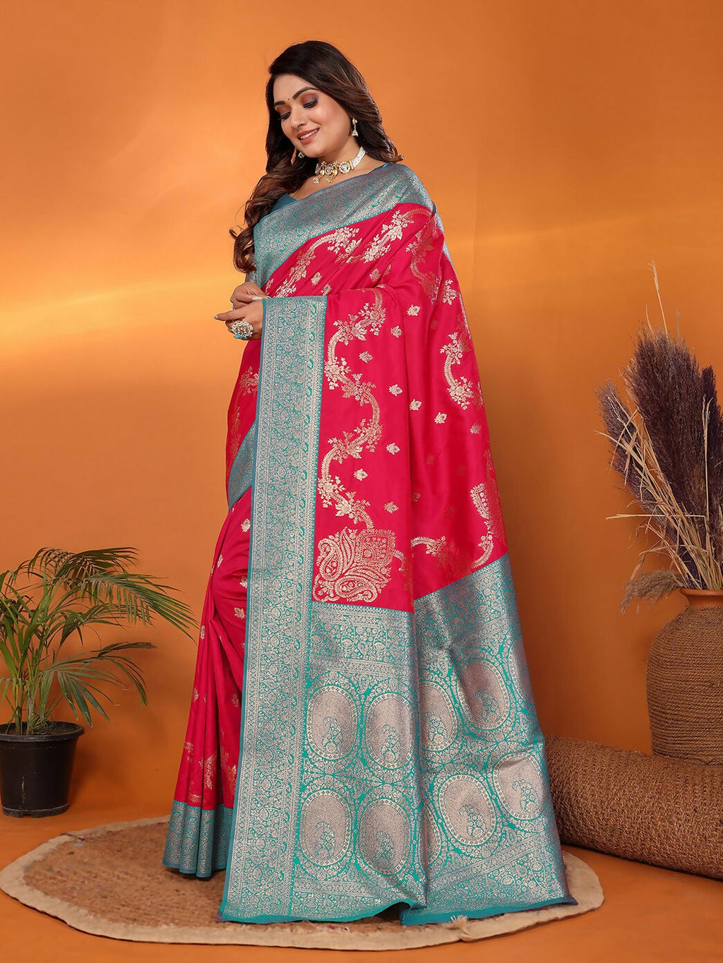 Red Banarasi Soft Silk Saree with Woven Details