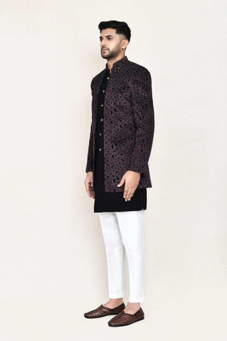 Black Velvet Indo-Western Open Jacket Set with Matching Pants