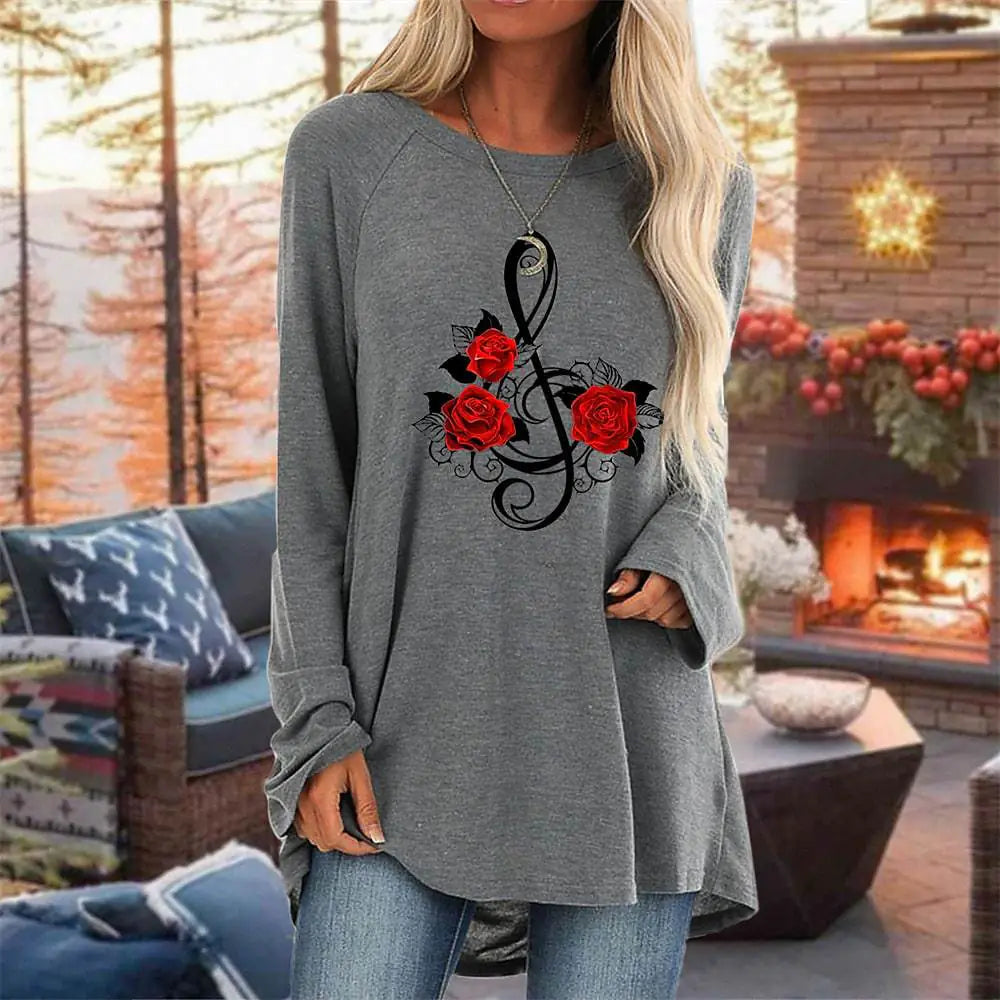 Women's 3D Rose Print Long Sleeve T-Shirt Round Neck Casual Top - Image 2