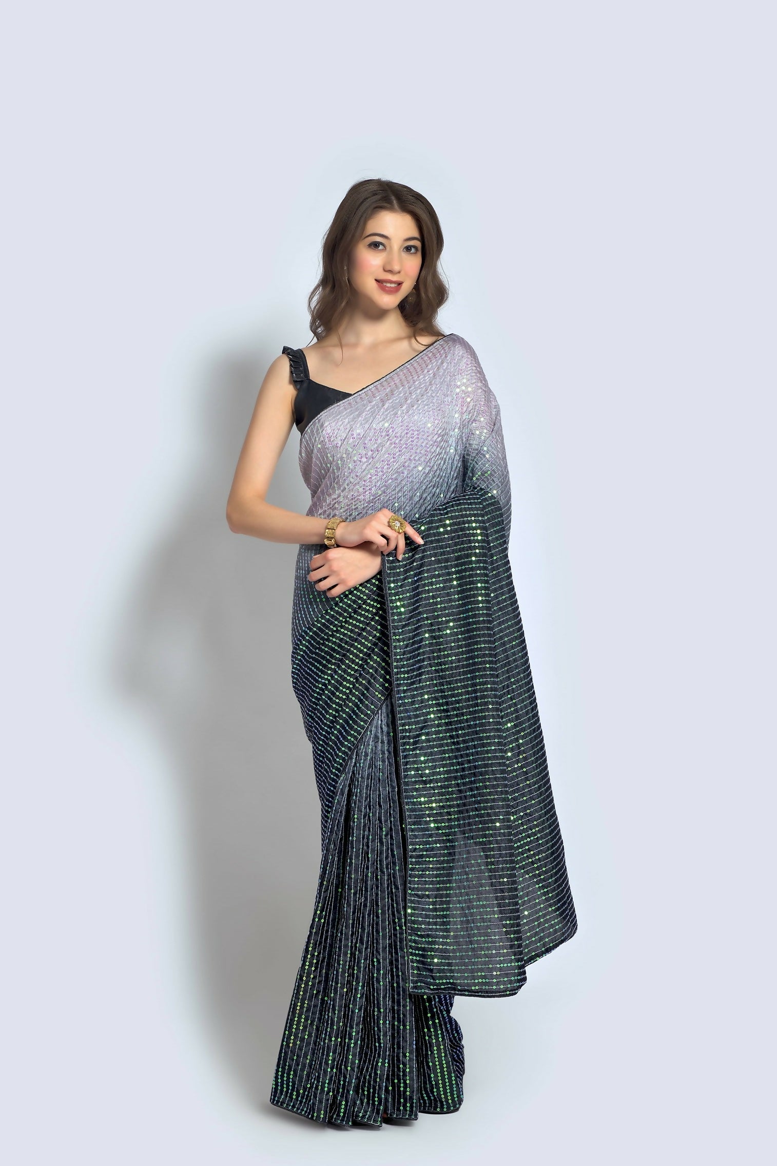 Grey Vichitra Silk party wear saree with embroidery detailing