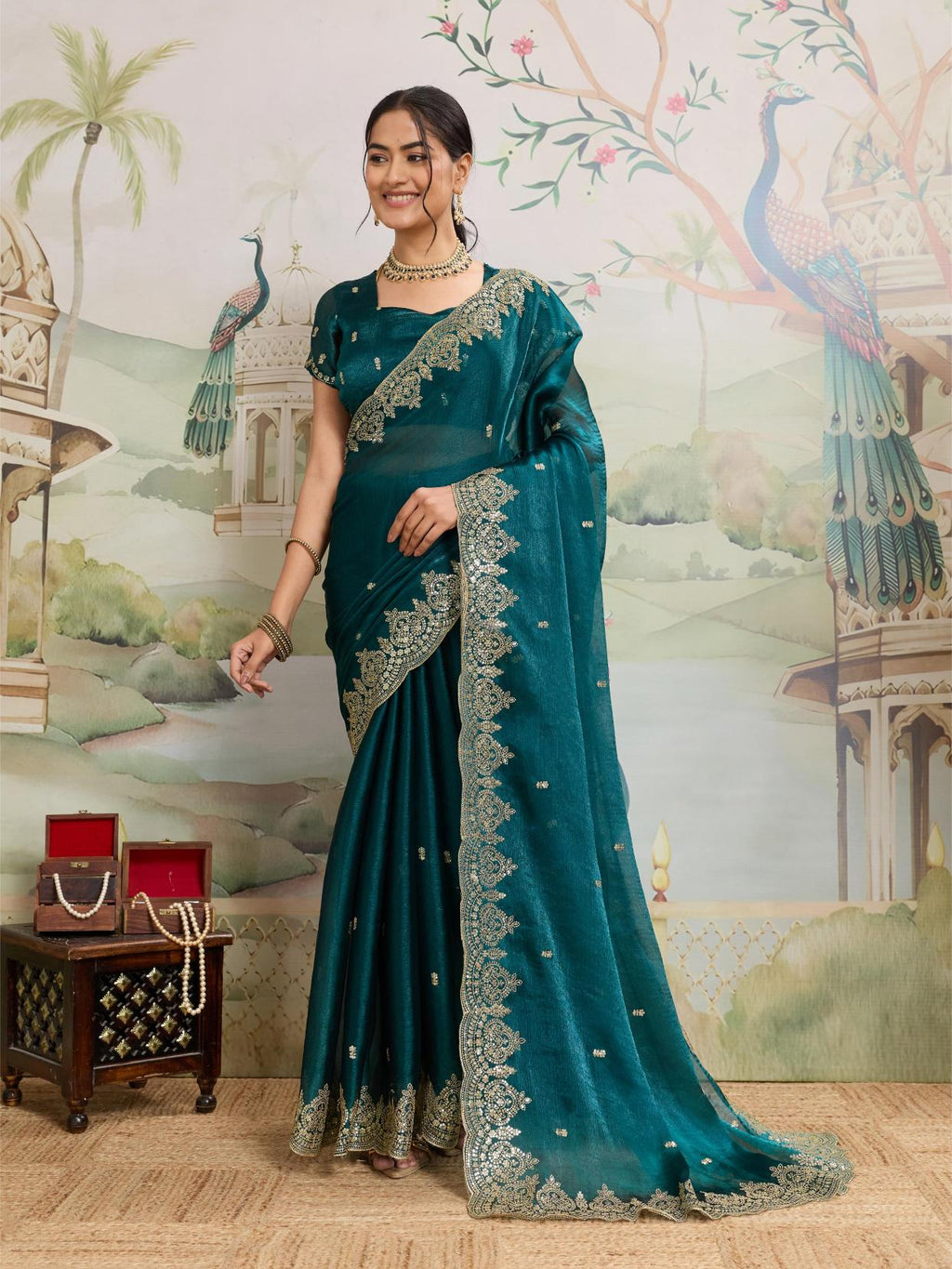 Teal Blue Party Wear Jimmy Choo Organza Saree
