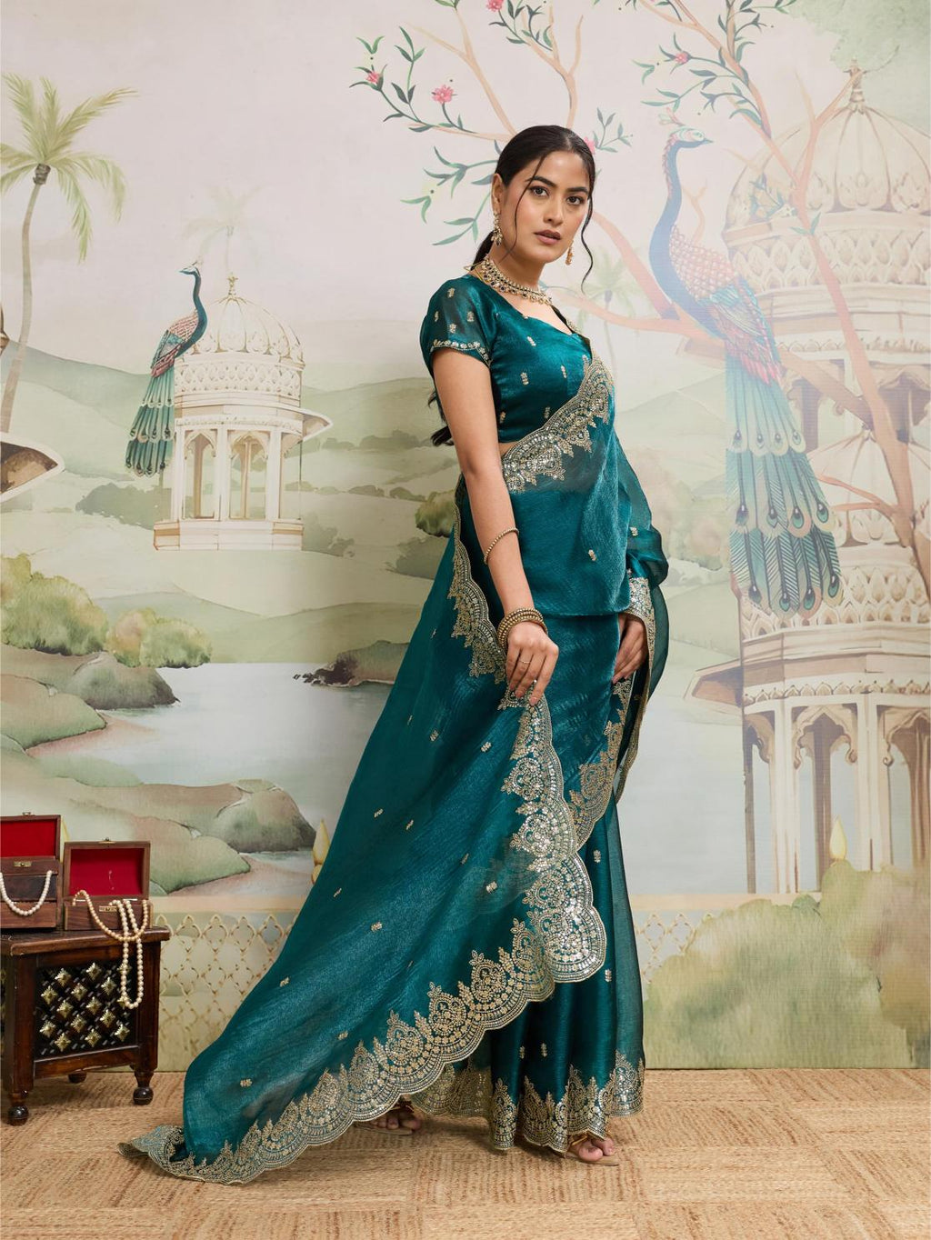 Teal Blue Party Wear Jimmy Choo Organza Saree