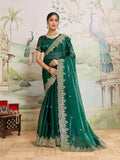 Elegant green Jimmy Choo organza saree with embroidery and unstitched blouse