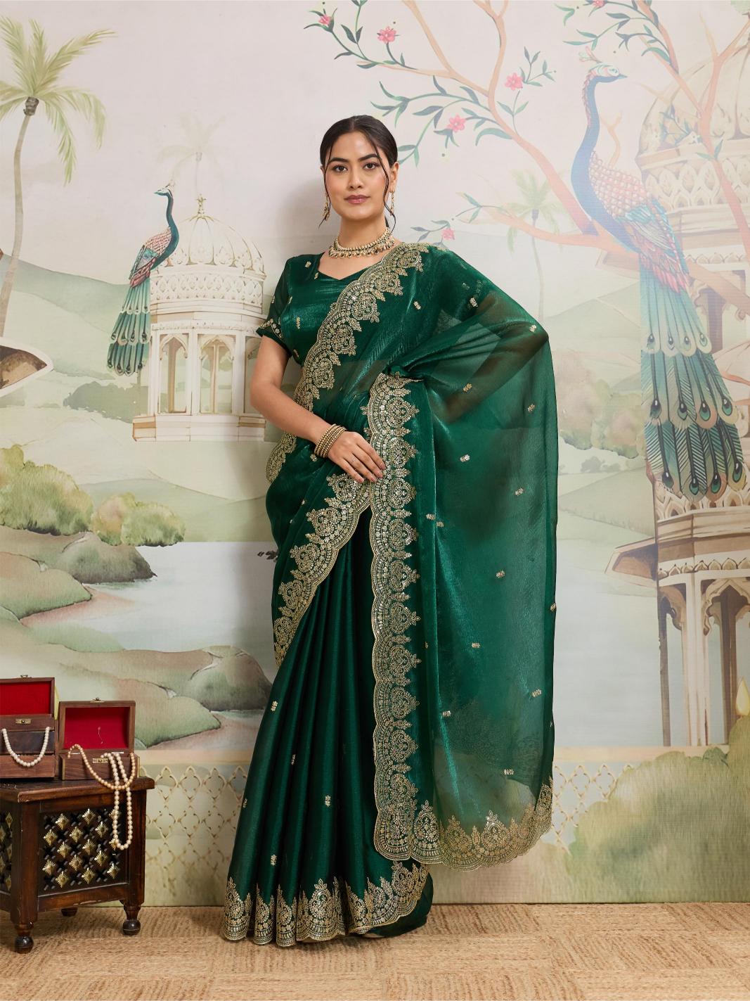 Green Jimmy Choo Organza Party Wear Saree with Embroidery
