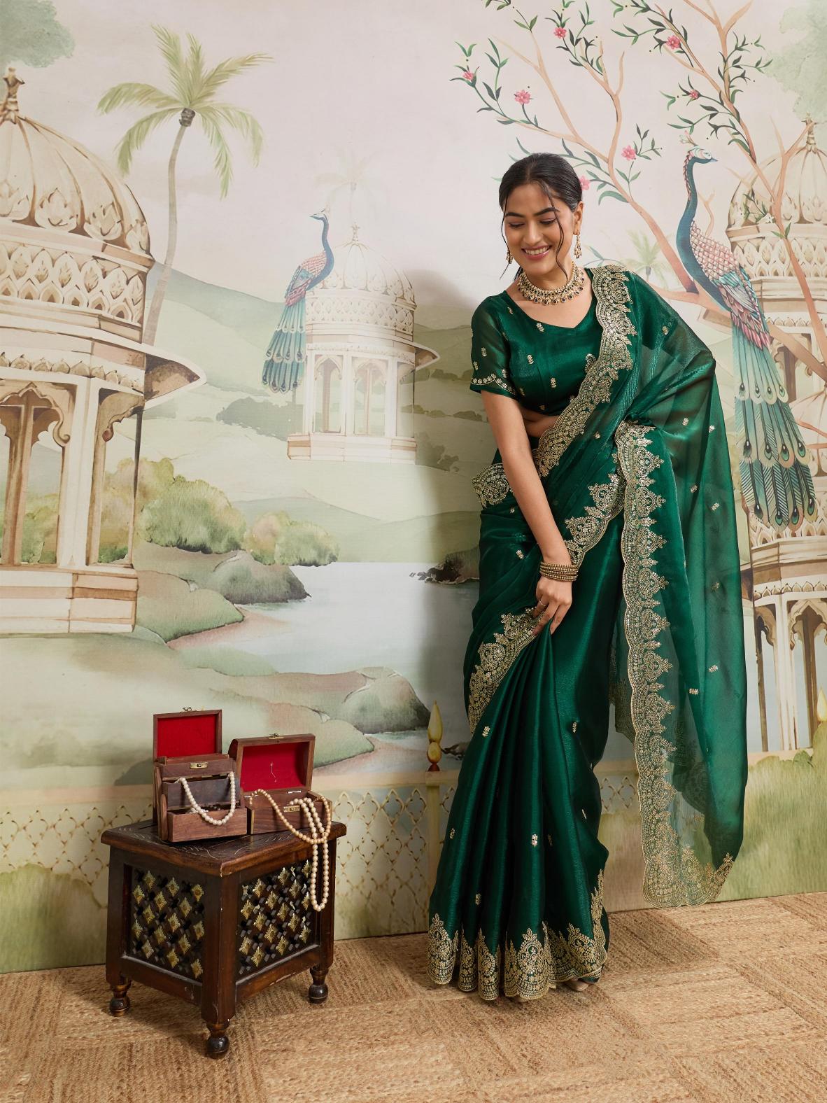 Green Jimmy Choo Organza Party Wear Saree with Embroidery