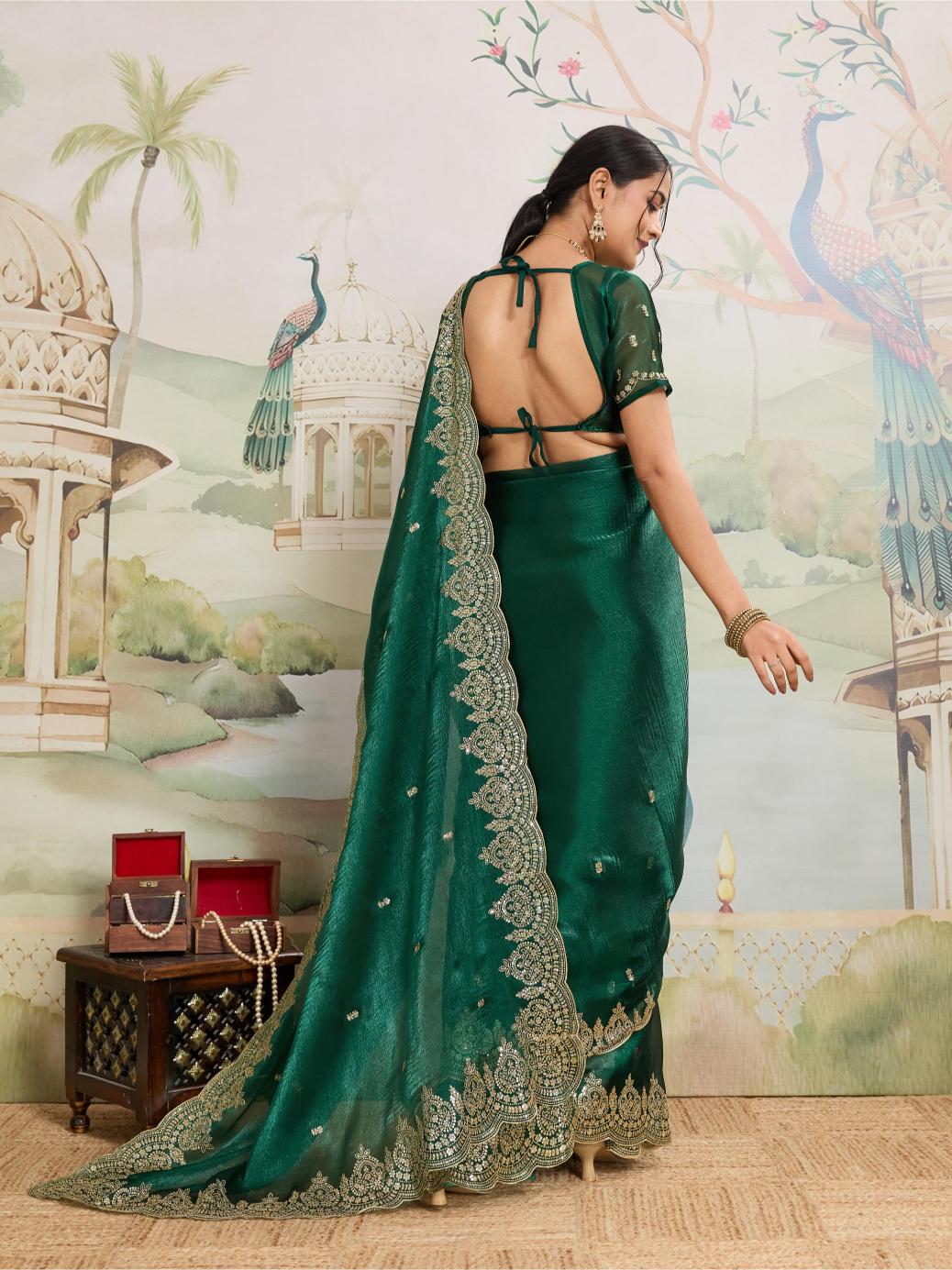 Green Jimmy Choo Organza Party Wear Saree with Embroidery