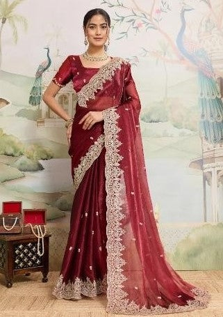 Deep maroon Jimmy Choo Organza saree with embroidery detail