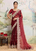 Deep maroon Jimmy Choo Organza saree with embroidery detail