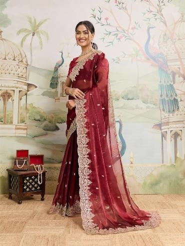Maroon Embroidered Jimmy Choo Organza Saree with Unstitched Blouse