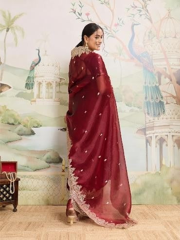 Maroon Embroidered Jimmy Choo Organza Saree with Unstitched Blouse