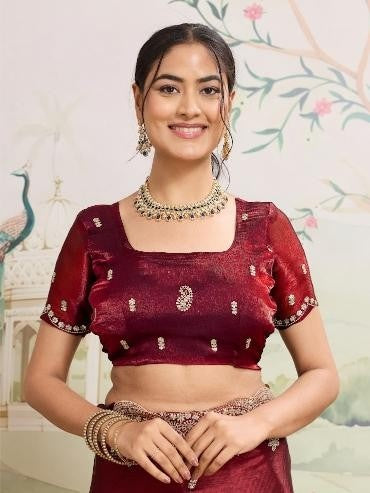 Maroon Embroidered Jimmy Choo Organza Saree with Unstitched Blouse