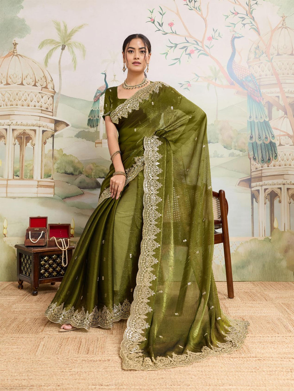 Green Embroidered Jimmy Choo Organza Party Wear Saree with Blouse