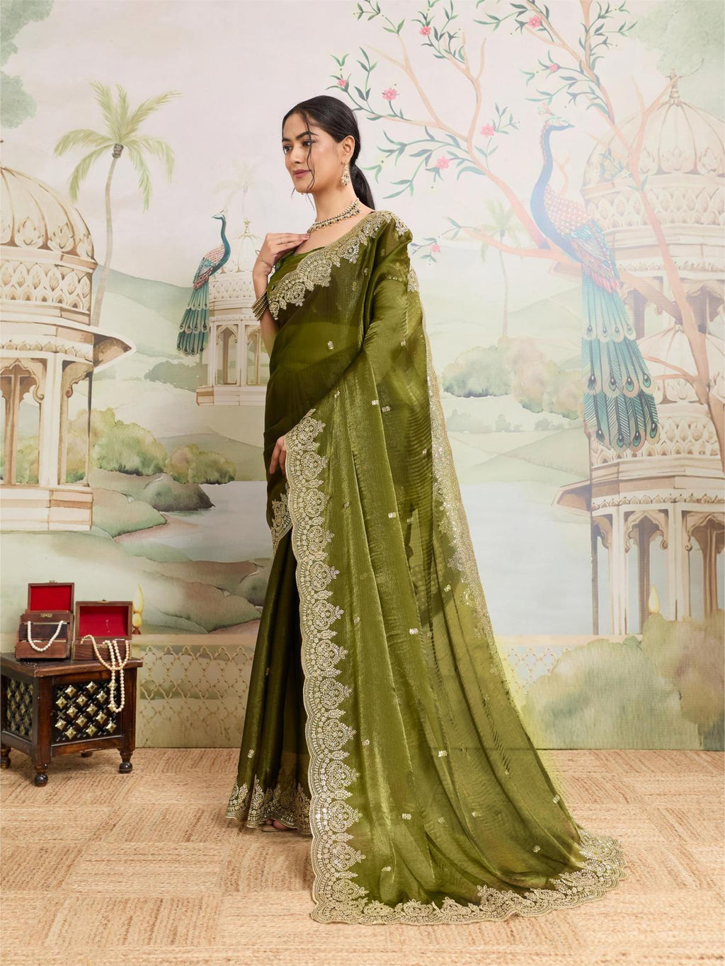 Green Embroidered Jimmy Choo Organza Party Wear Saree with Blouse