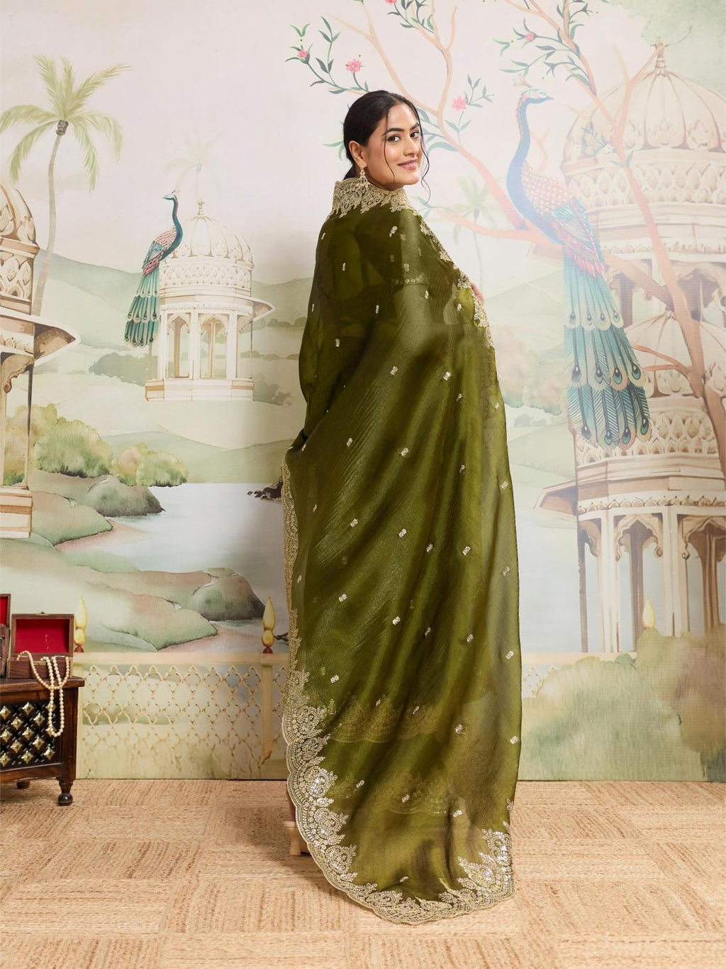 Green Embroidered Jimmy Choo Organza Party Wear Saree with Blouse
