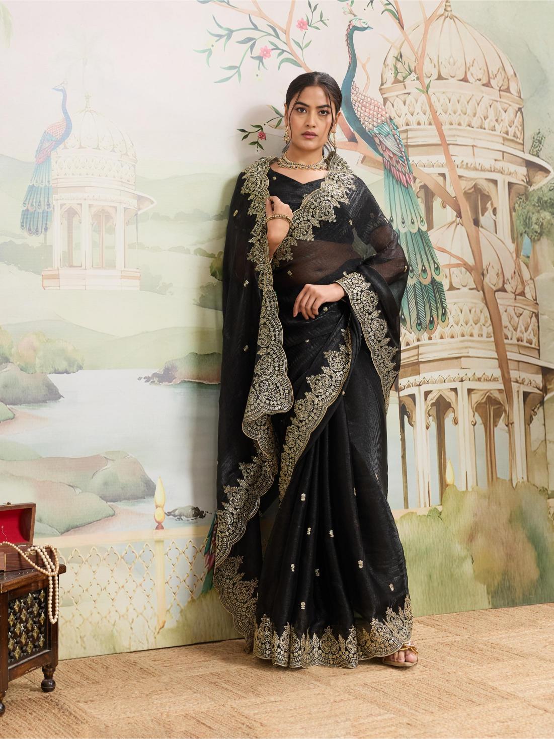 Black Embroidered Jimmy Choo Organza Party Wear Saree