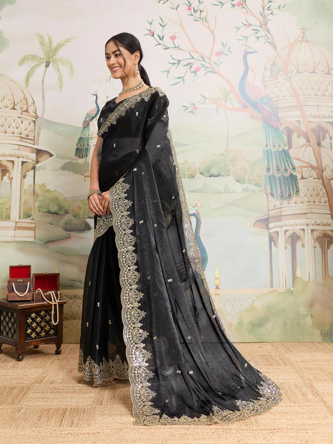 Black Jimmy Choo Organza embroidered party wear saree with unstitched blouse