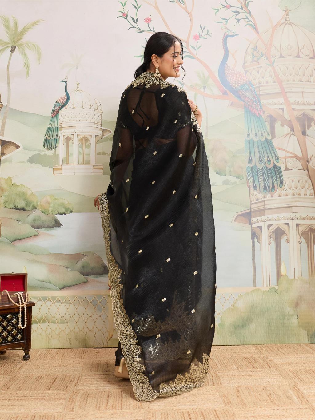 Black Embroidered Jimmy Choo Organza Party Wear Saree
