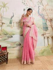 Pink Embroidered Jimmy Choo Organza Party Wear Saree
