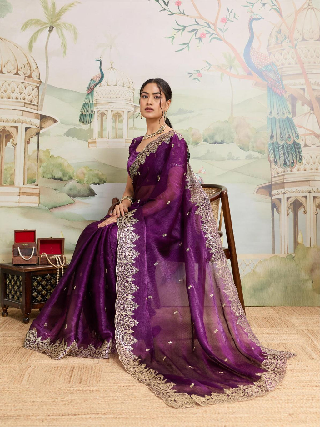 Purple Embroidered Jimmy Choo Organza Party Wear Saree with Blouse