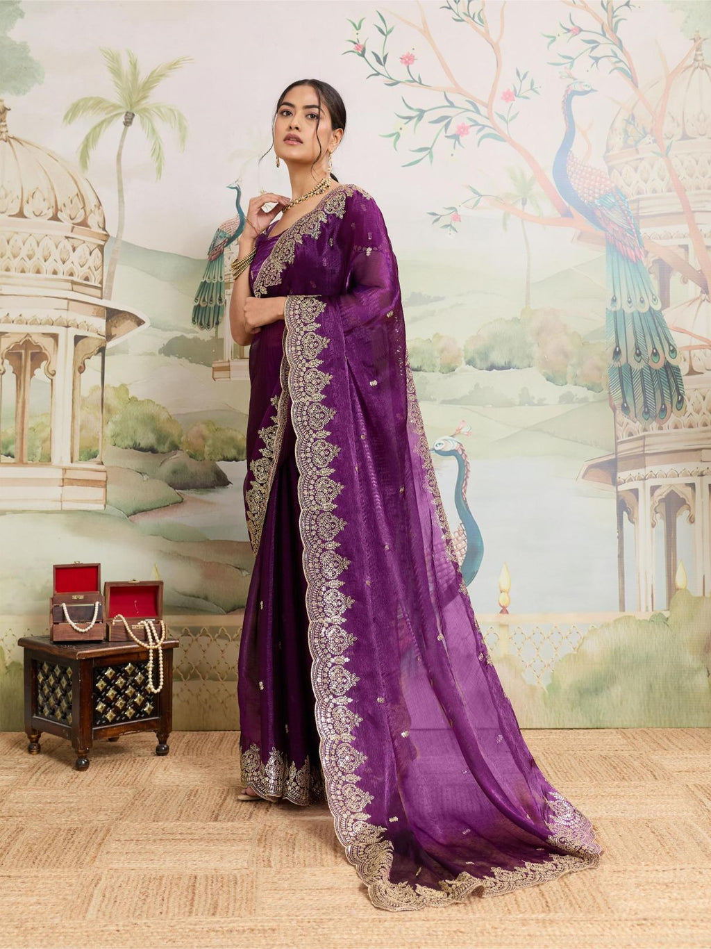 Purple embroidered Jimmy Choo Organza party wear saree with unstitched blouse