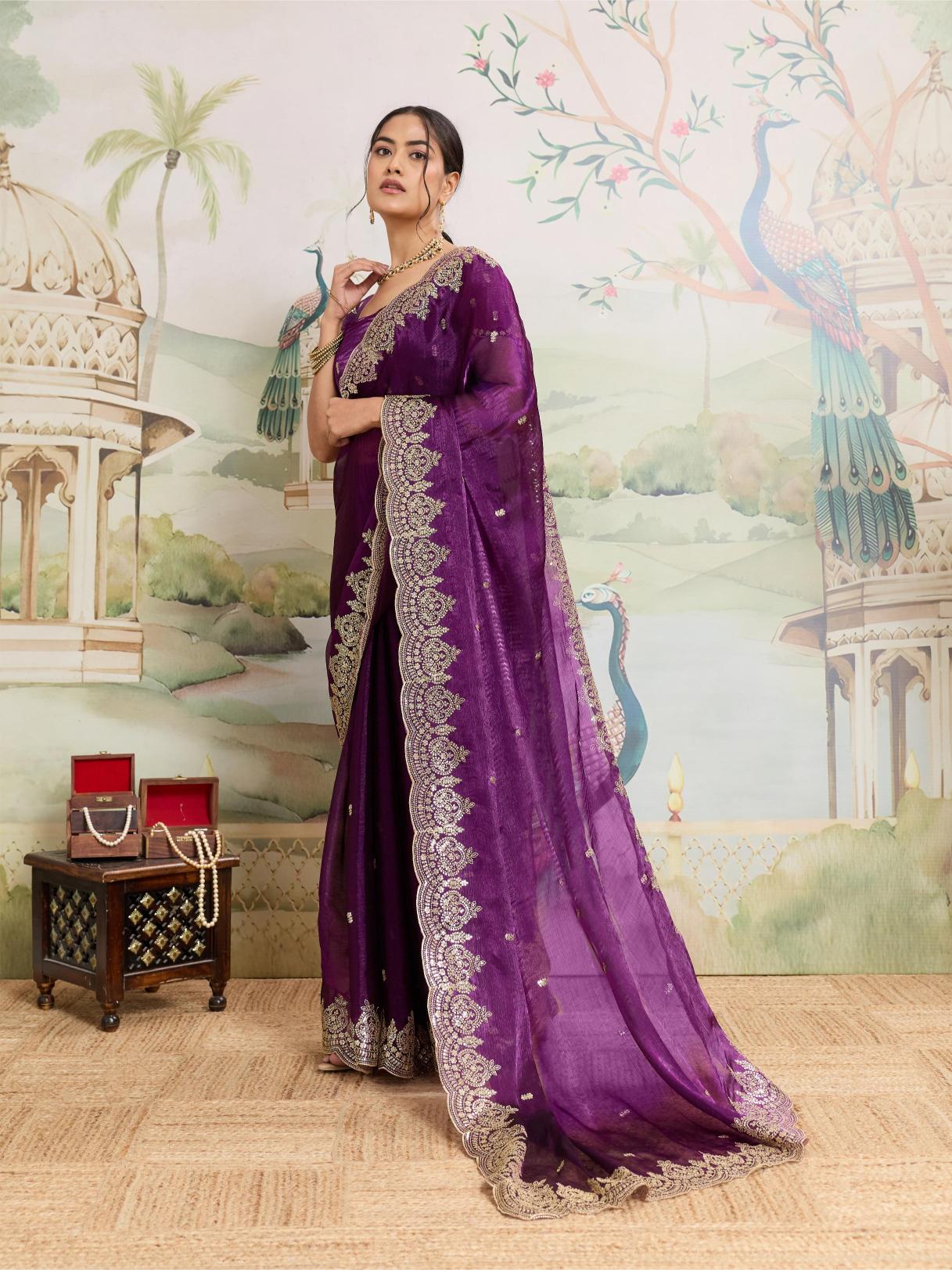Purple embroidered Jimmy Choo Organza party wear saree with unstitched blouse