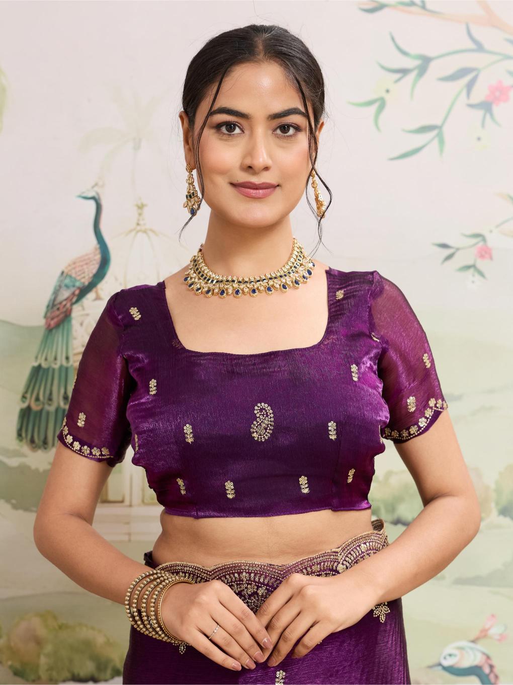 Purple Embroidered Jimmy Choo Organza Party Wear Saree with Blouse