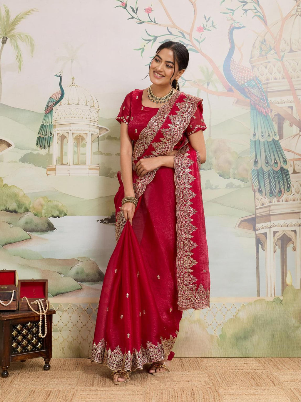 Red Embroidered Jimmy Choo Organza Party Wear Saree with Blouse