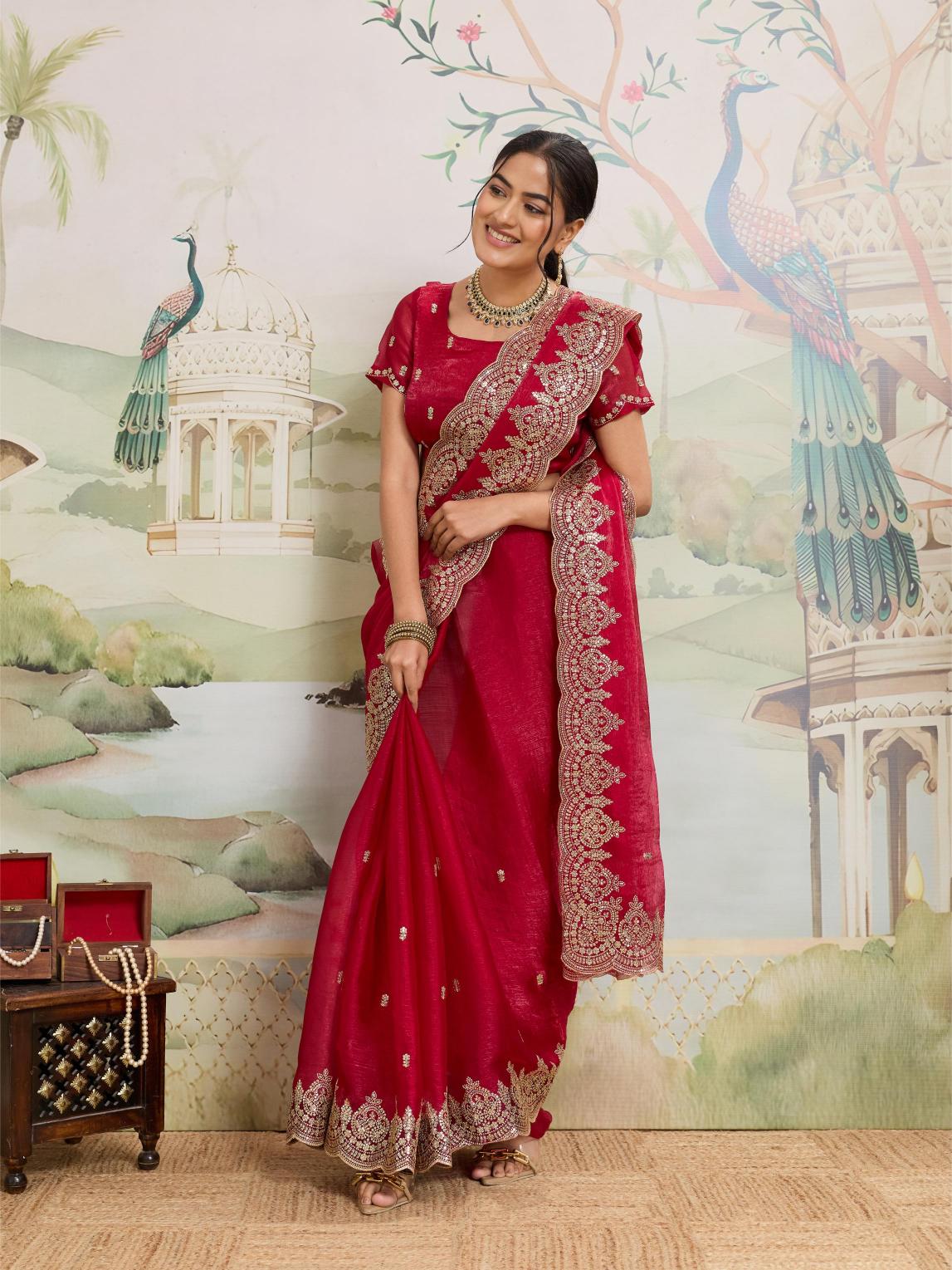 Red Embroidered Jimmy Choo Organza Party Wear Saree with Blouse