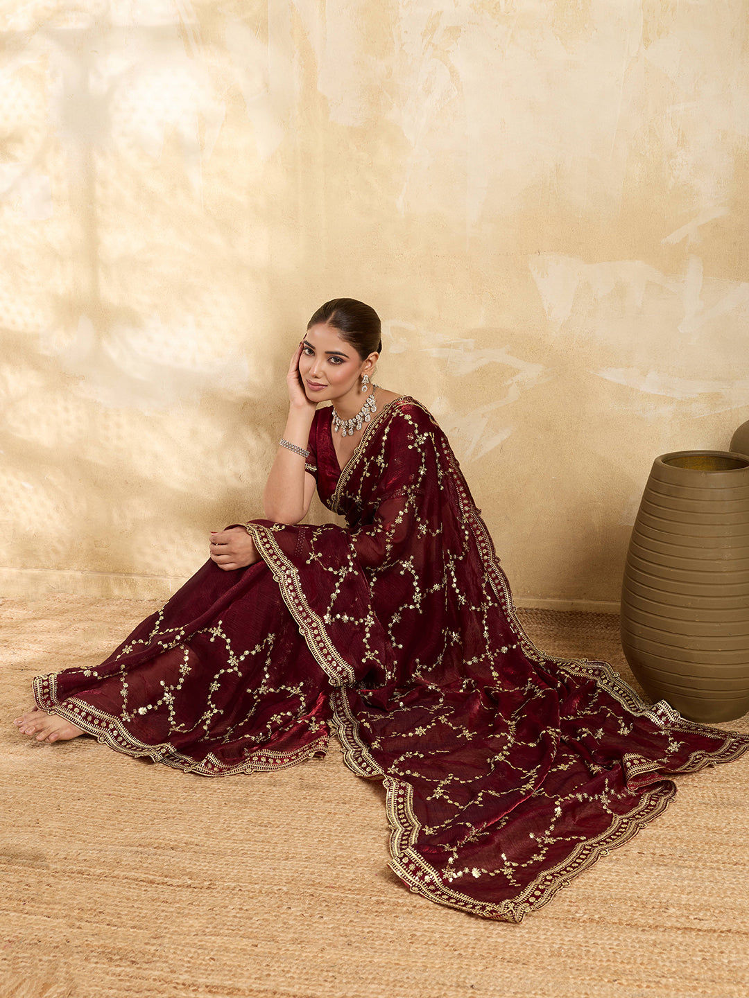 Maroon Embroidered Jimmy Choo Party Wear Saree with Blouse