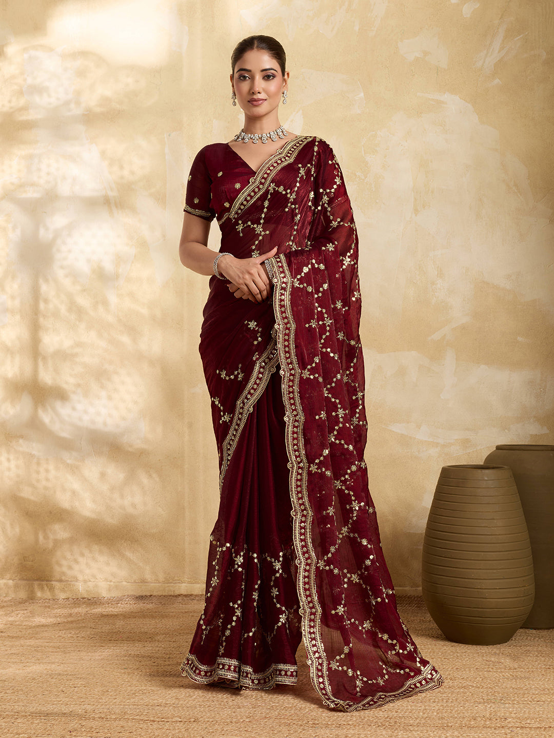 Maroon party wear Jimmy Choo saree with detailed sequence embroidery