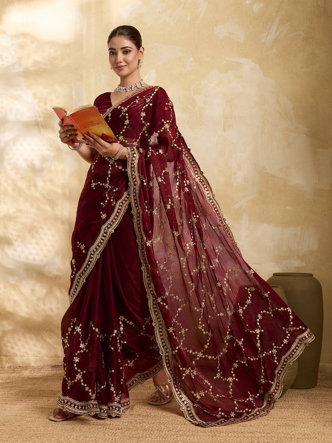 Maroon Embroidered Jimmy Choo Party Wear Saree with Blouse