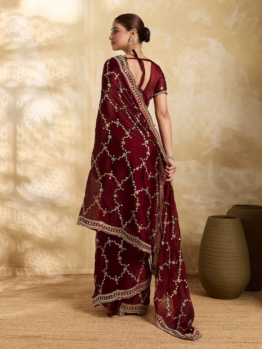 Maroon Embroidered Jimmy Choo Party Wear Saree with Blouse