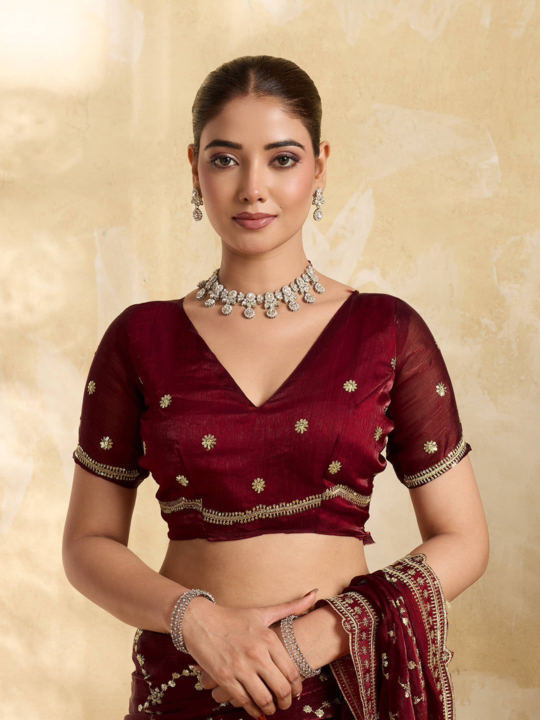 Maroon Embroidered Jimmy Choo Party Wear Saree with Blouse