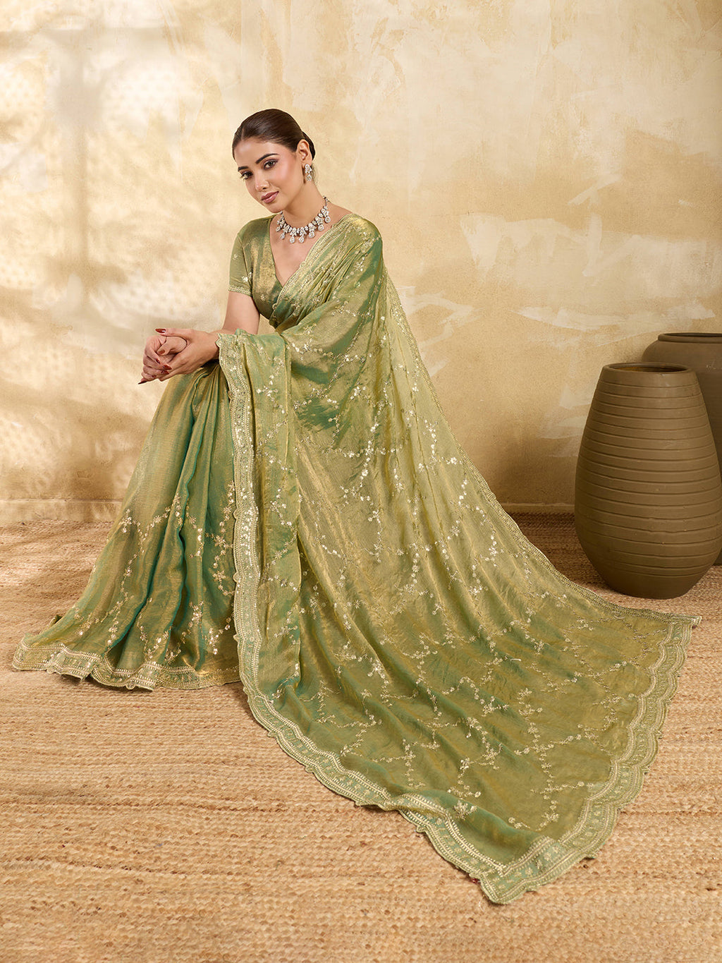 Mint Green Embroidered Jimmy Choo Party Wear Saree with Blouse