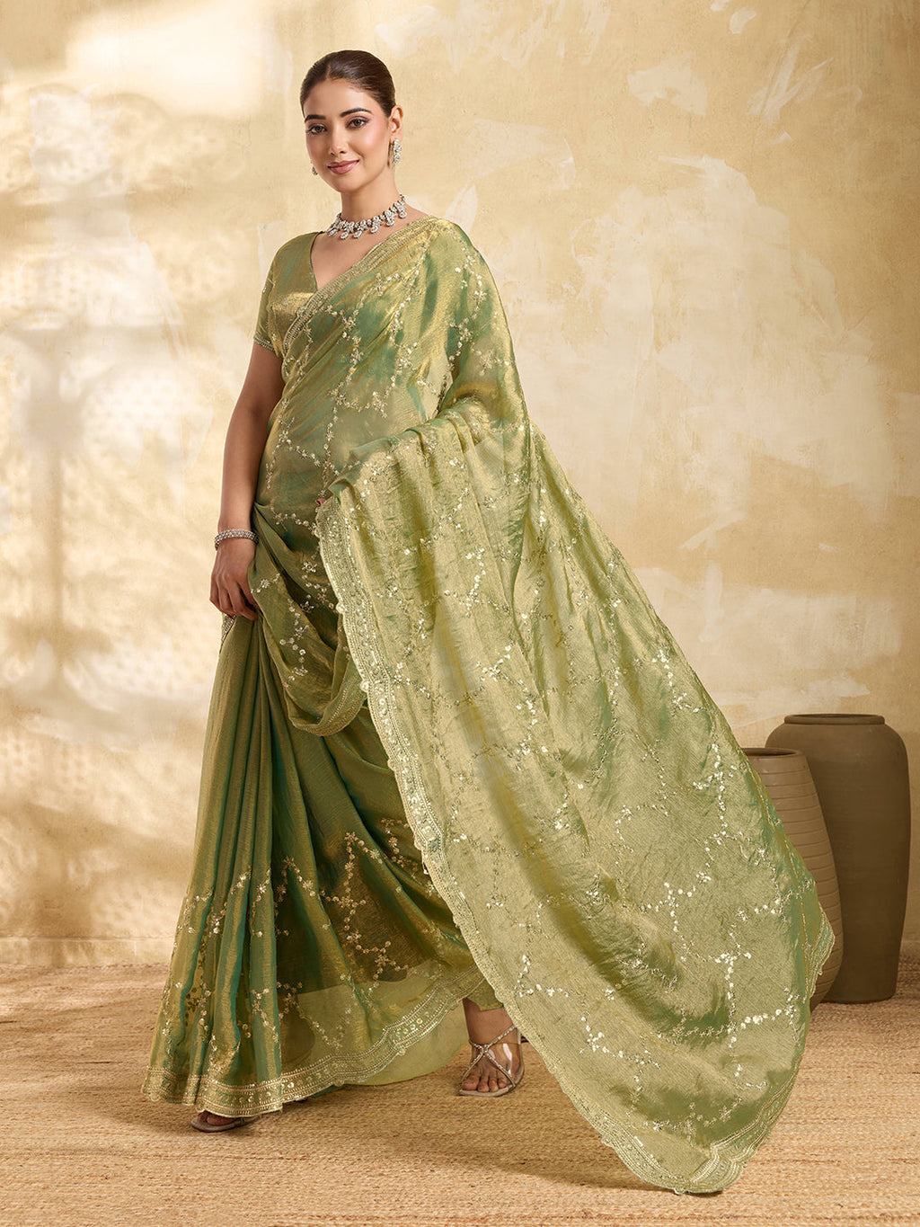 Mint Green Embroidered Jimmy Choo Party Wear Saree with Blouse